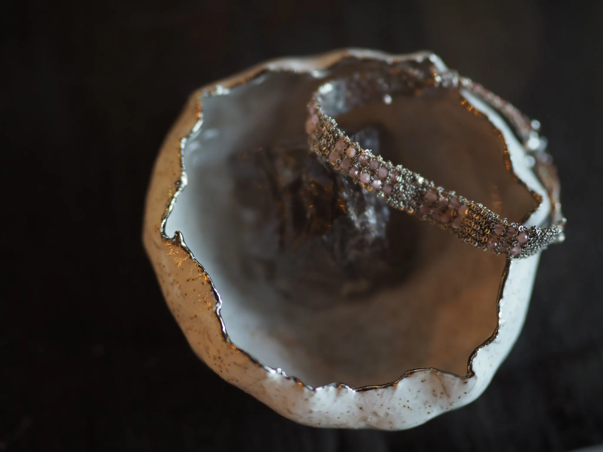 Stones mini, Hand loom bracelet (Sterling silver rhodium Plated) - rodonite